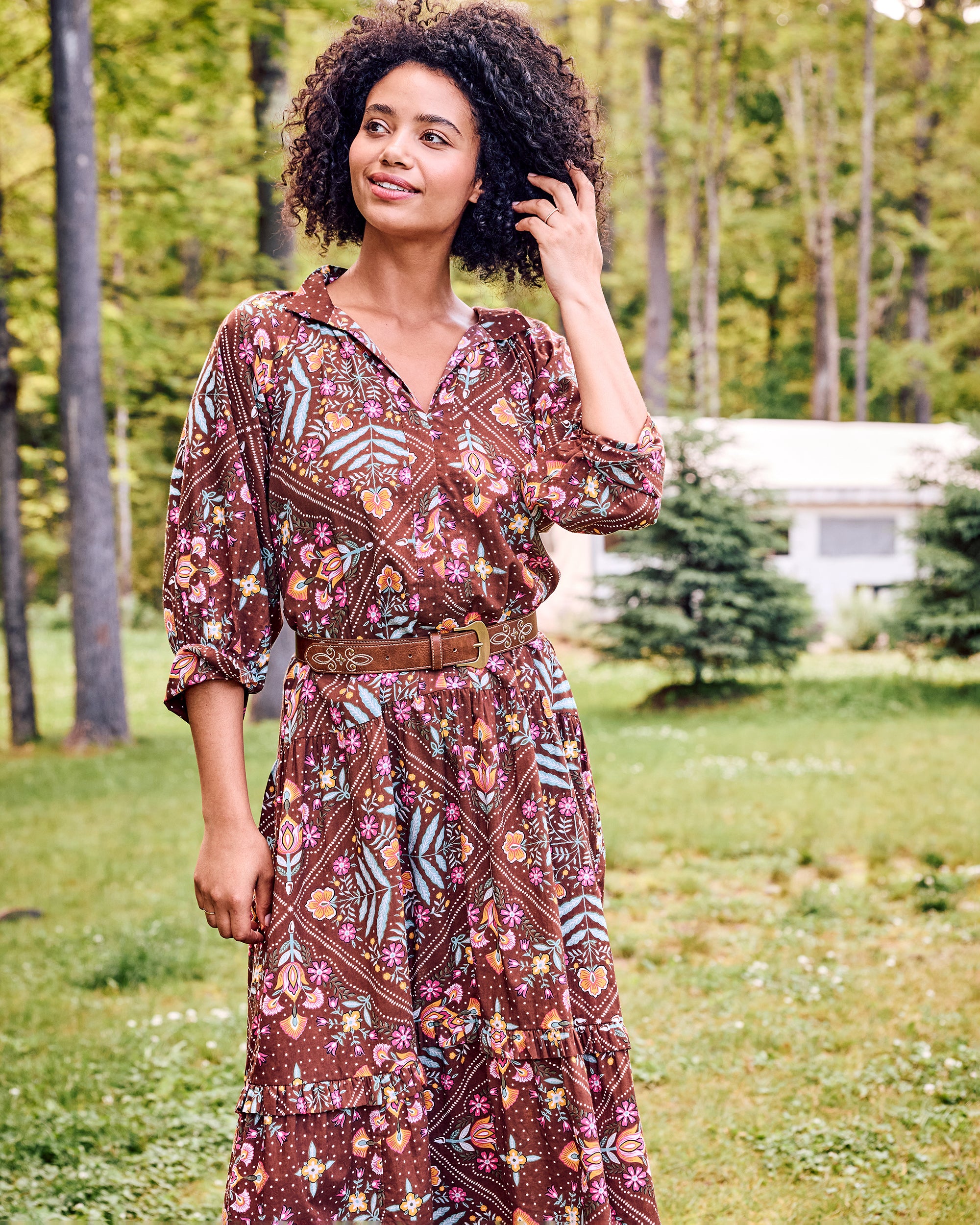 Organic Cotton Long Sleeve Maxi Dress in Floral Bandana | Women's XS | Brown