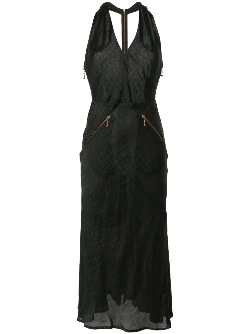 2000s pinstripe halterneck midi dress - Green
