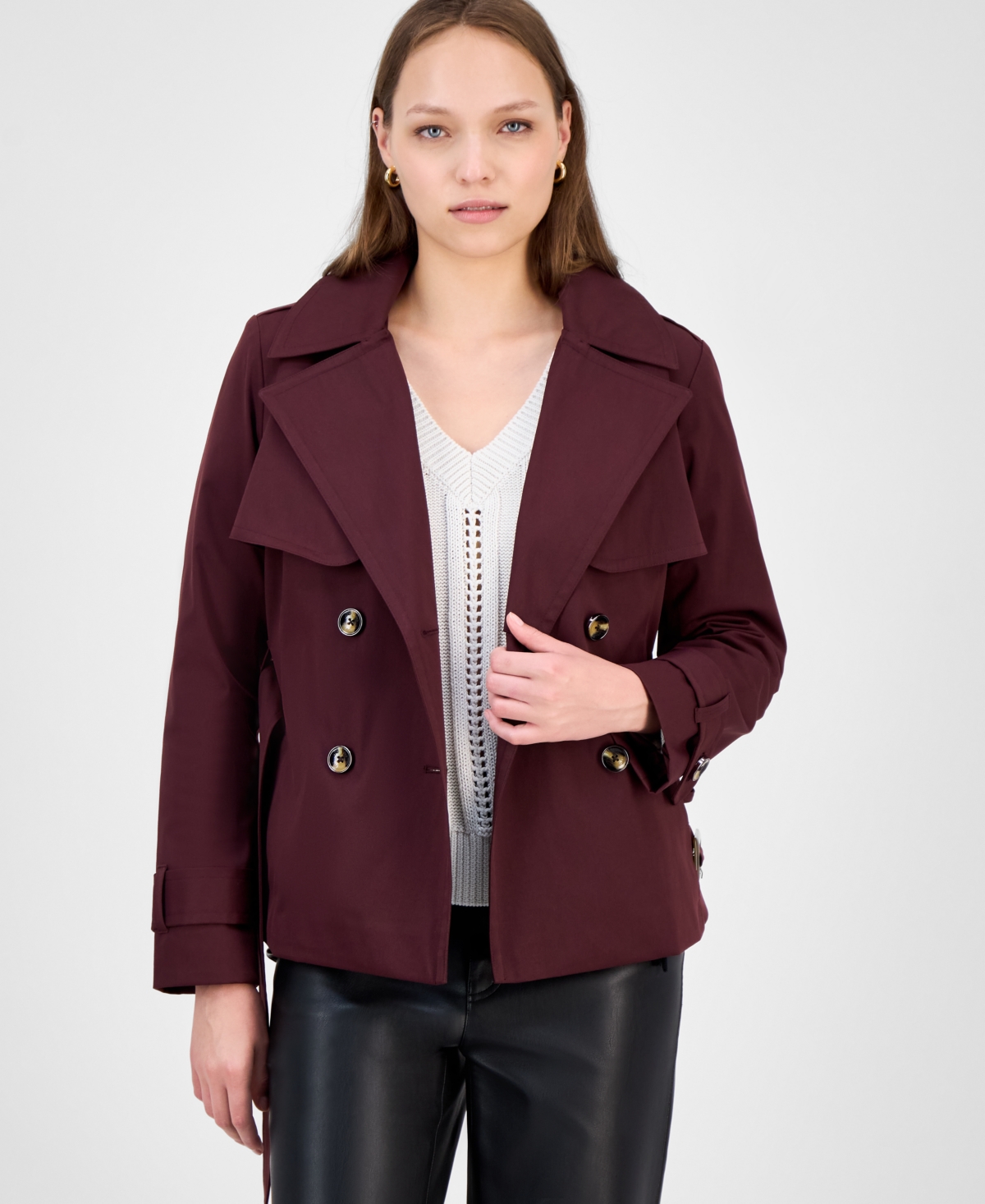 Women's Double-Breasted Belted Trench Coat, Exclusively at Macy's - Black Cherry