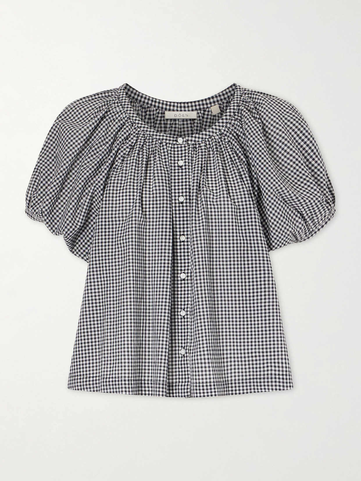 June Gathered Checked Cotton Blouse - Black