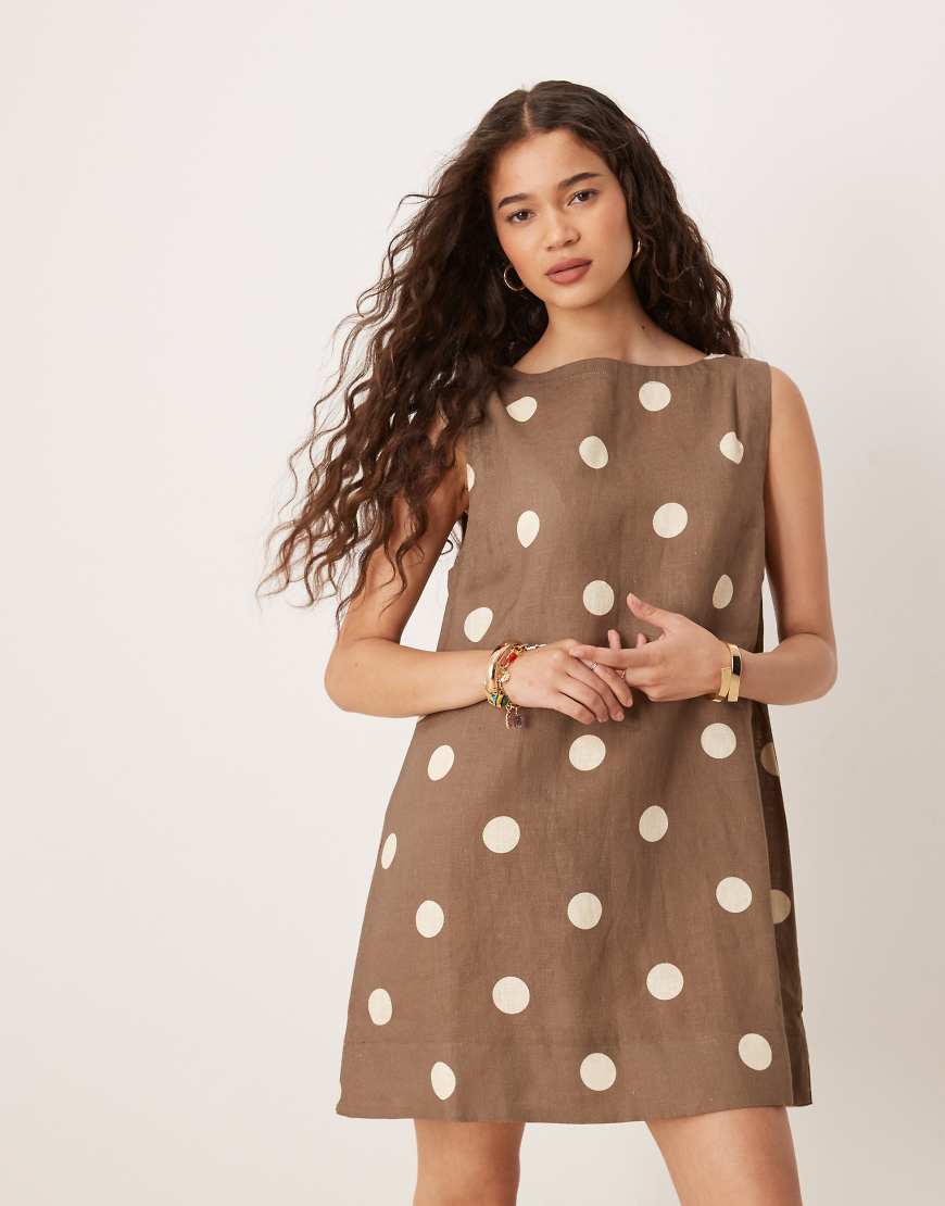 Aftersun polka dot linen mini shift dress in brown
