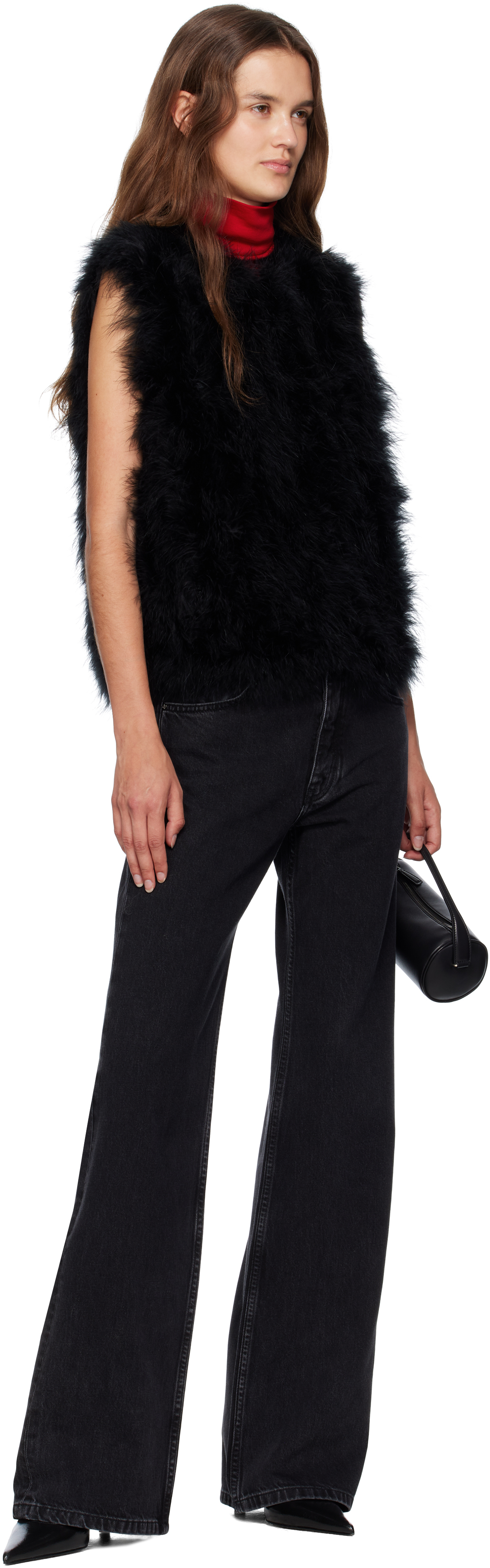 Black Cropped Feather Vest