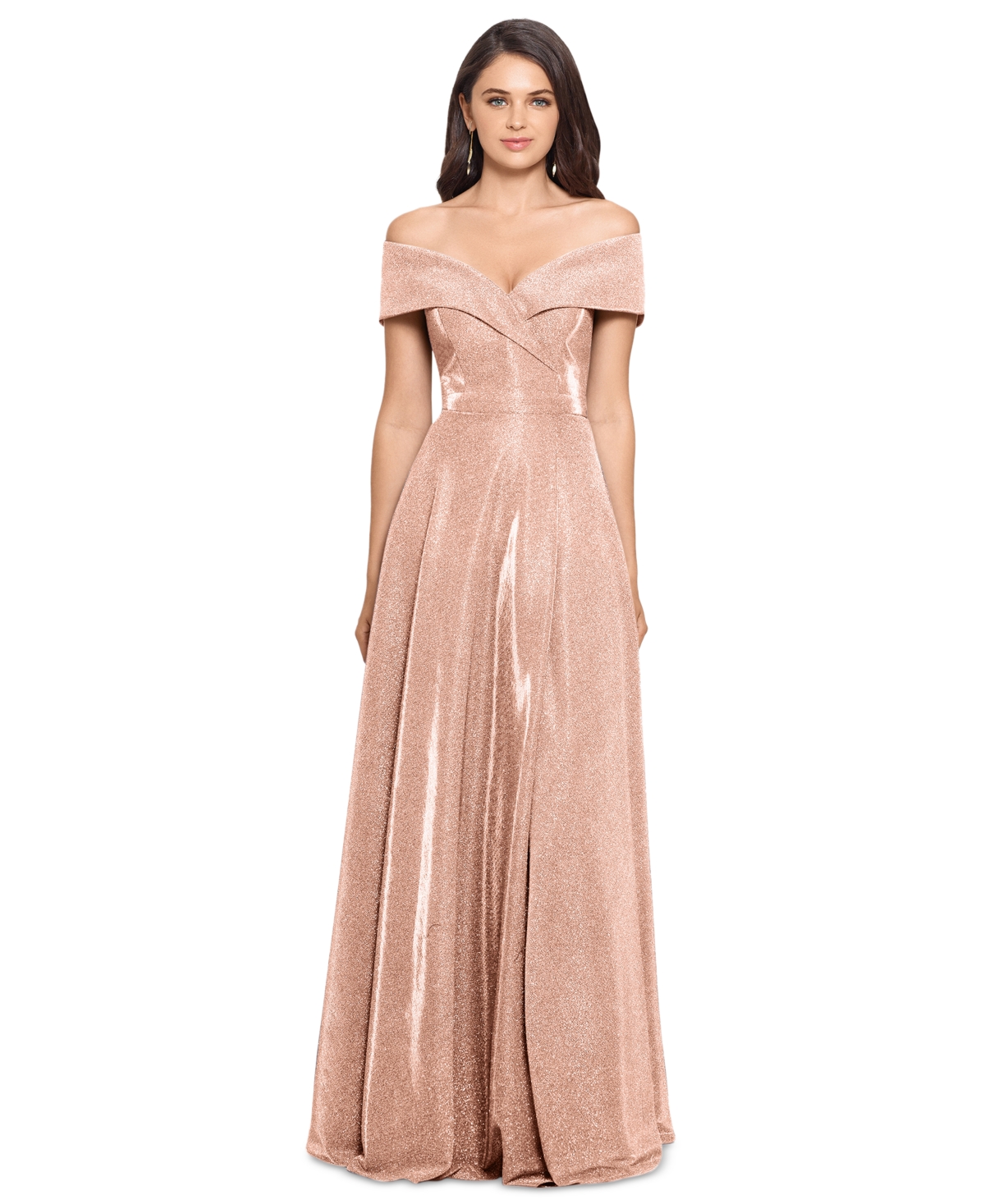 Petite Off-the-Shoulder Glitter Gown - Blush Pink/Silver