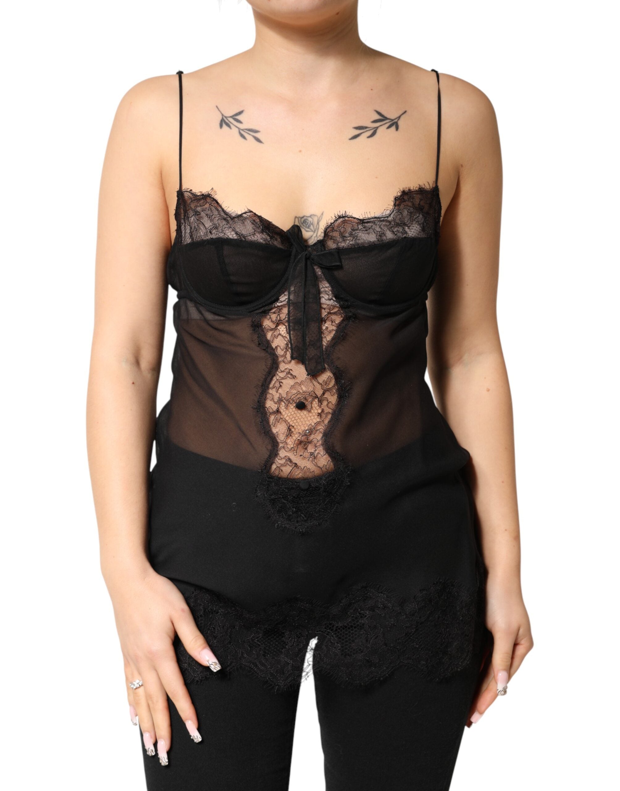 Silk and Lace Lingerie Bodysuit — Black