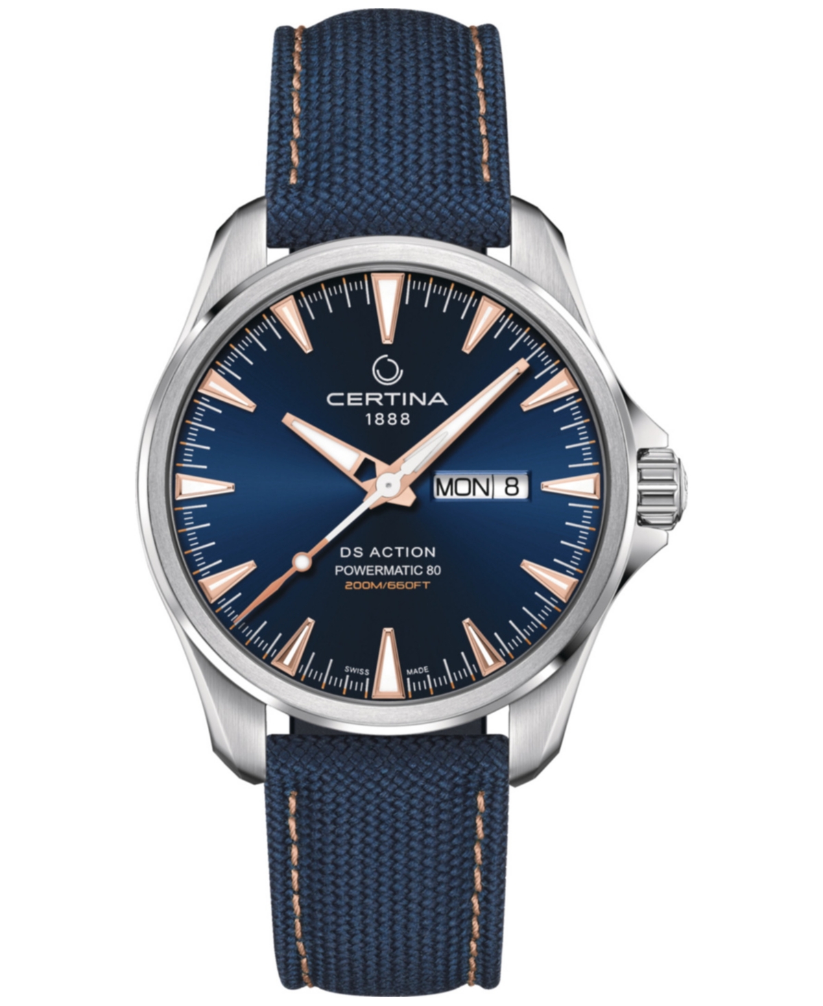 Men's Swiss Automatic Ds Action Day-Date Powermatic 80 Blue Synthetic Strap Watch 41mm