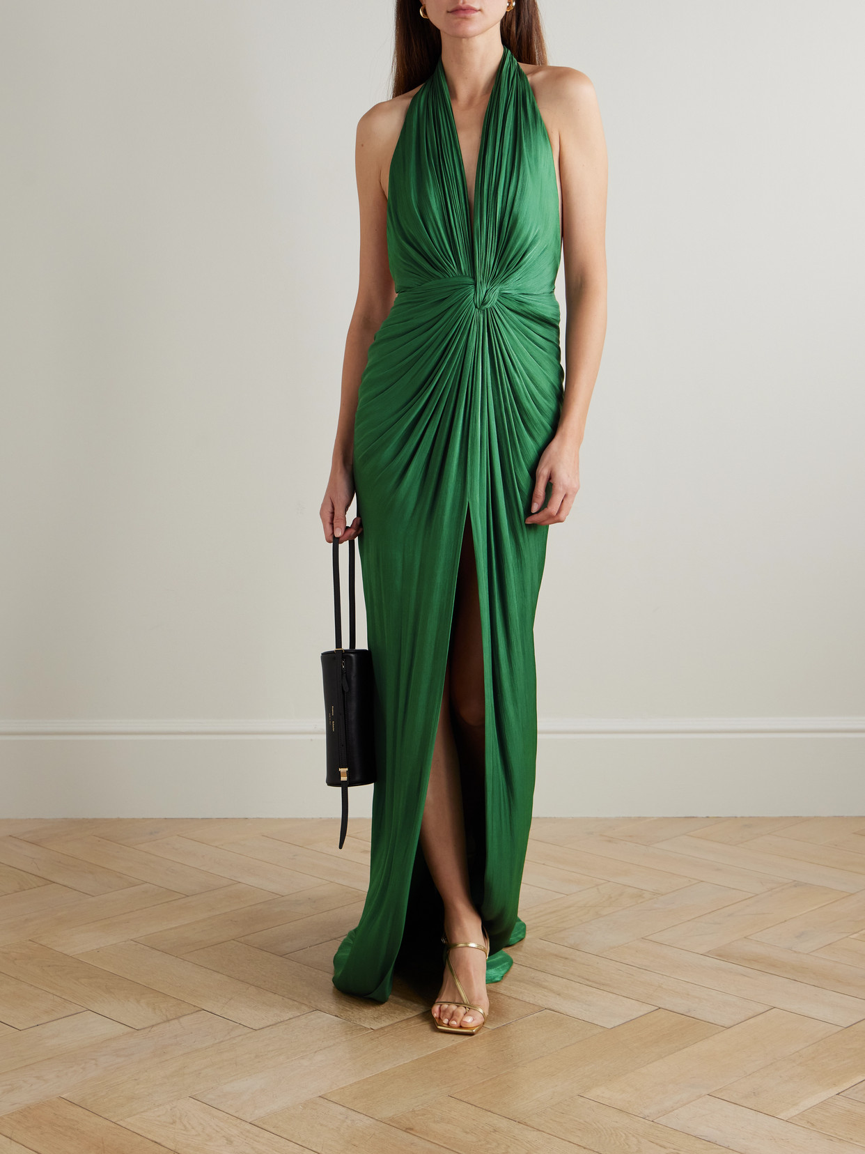 Twist-front Metallic Georgette Halterneck Gown - Green