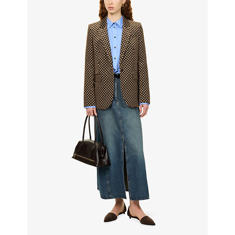 Womens Sharp Shoulder Geometric-Print Velvet Blazer