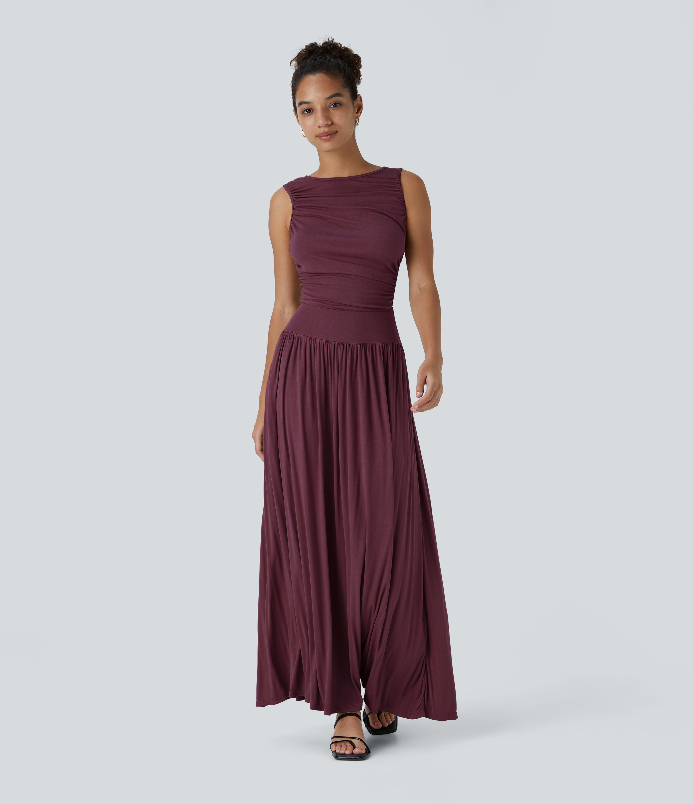 Ribbed Boat Neck Asymmetric Strap Ruched Pocket Flowy Maxi Casual Dress Casual Dress - Maroon Banner