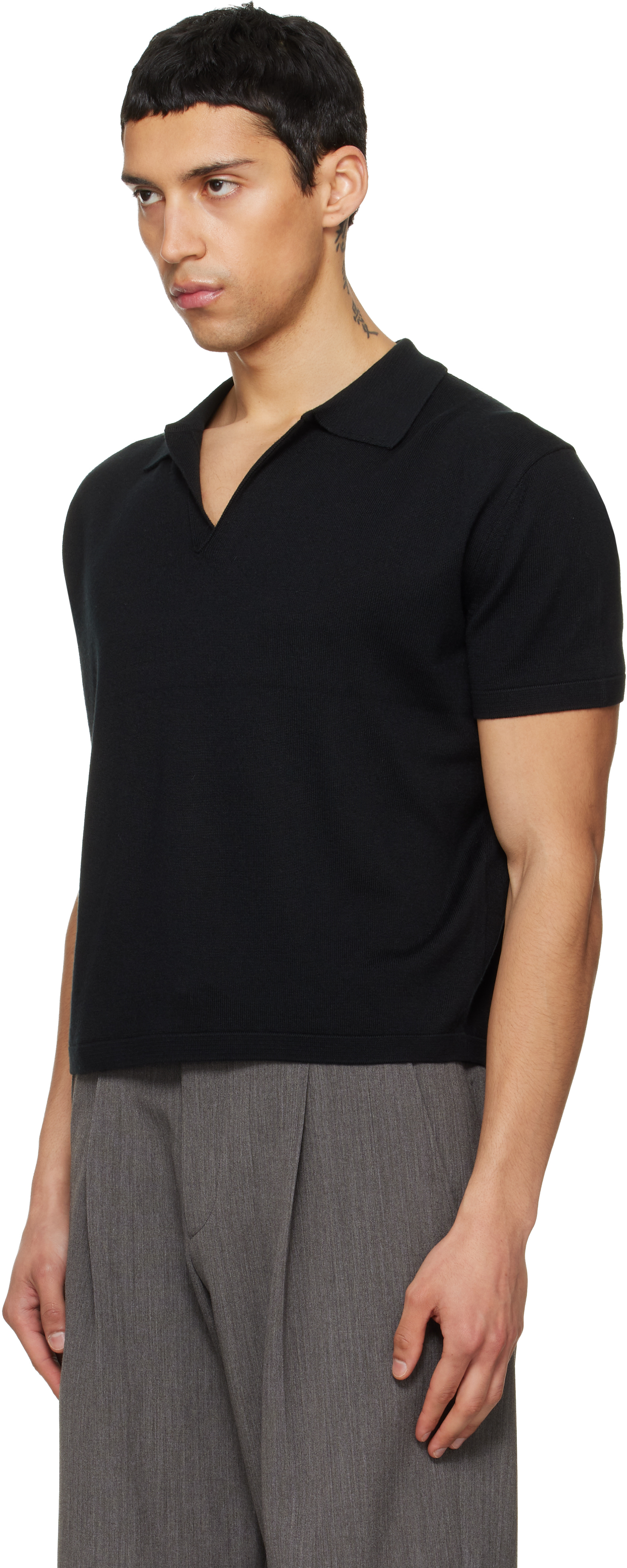 Black Silk Cashmere Open Collar Knit Polo