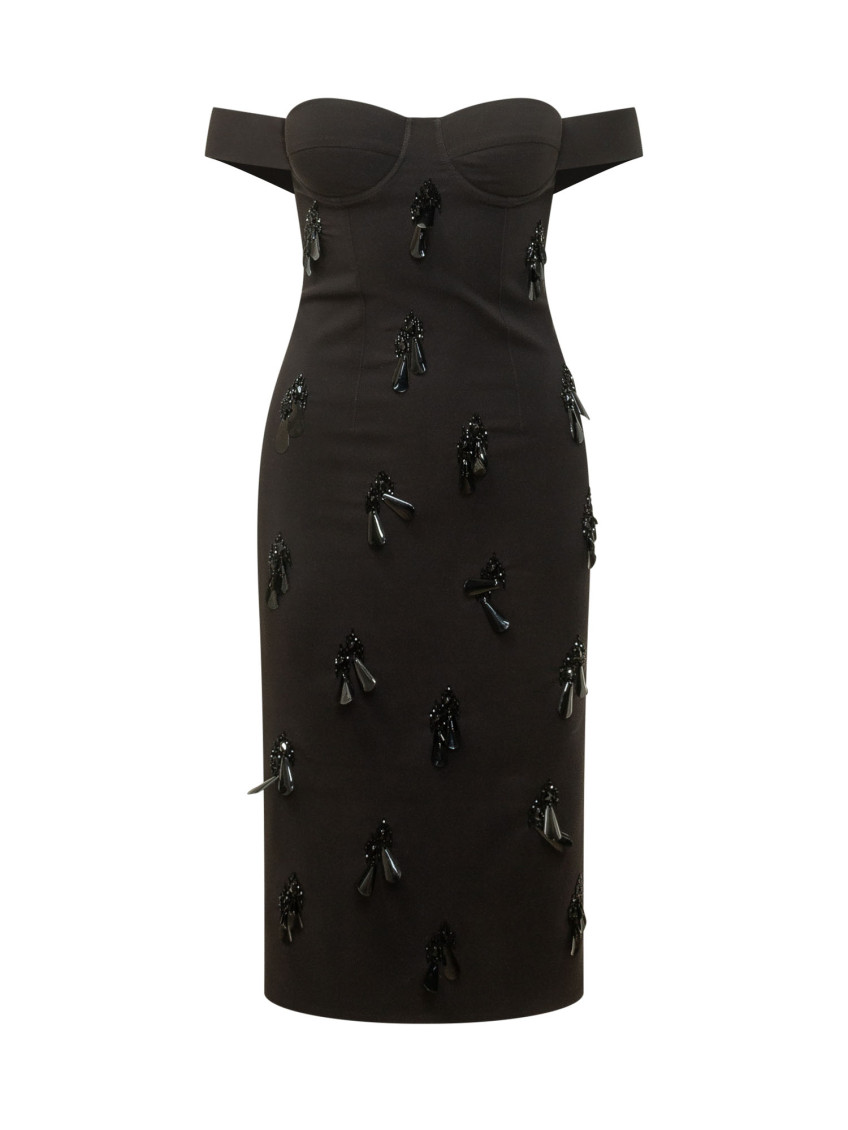 Black Embellished Off Shoulder Midi Dress