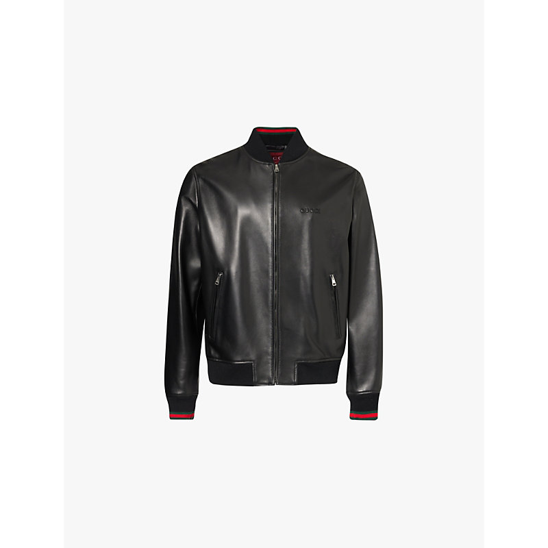 Mens Black Green Red Brand-embroidery Two-zip-pockets Regular-fit Leather Jacket