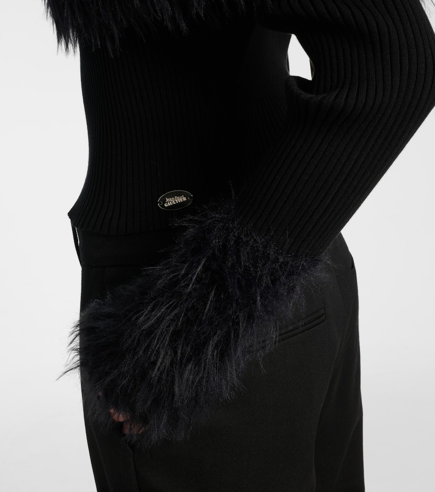Ribbed-knit faux fur-trimmed top