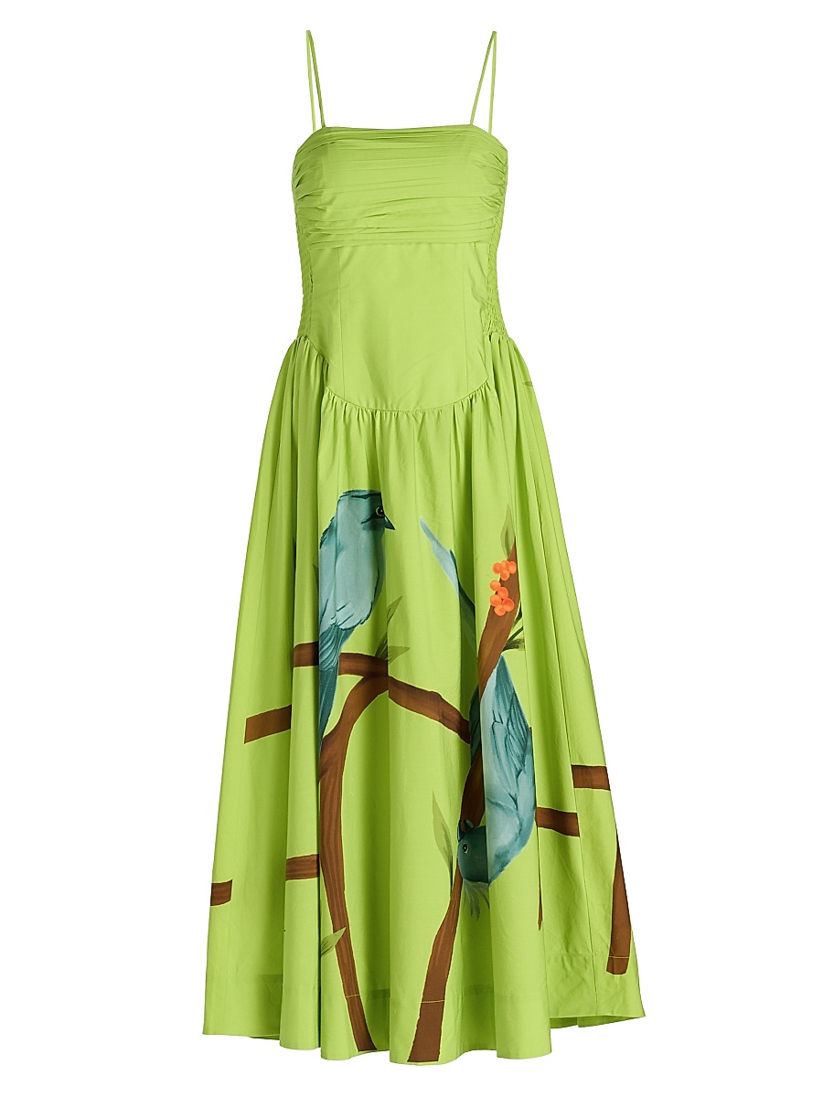 Women's Bird Print Poplin Tea-Length Dress - Green