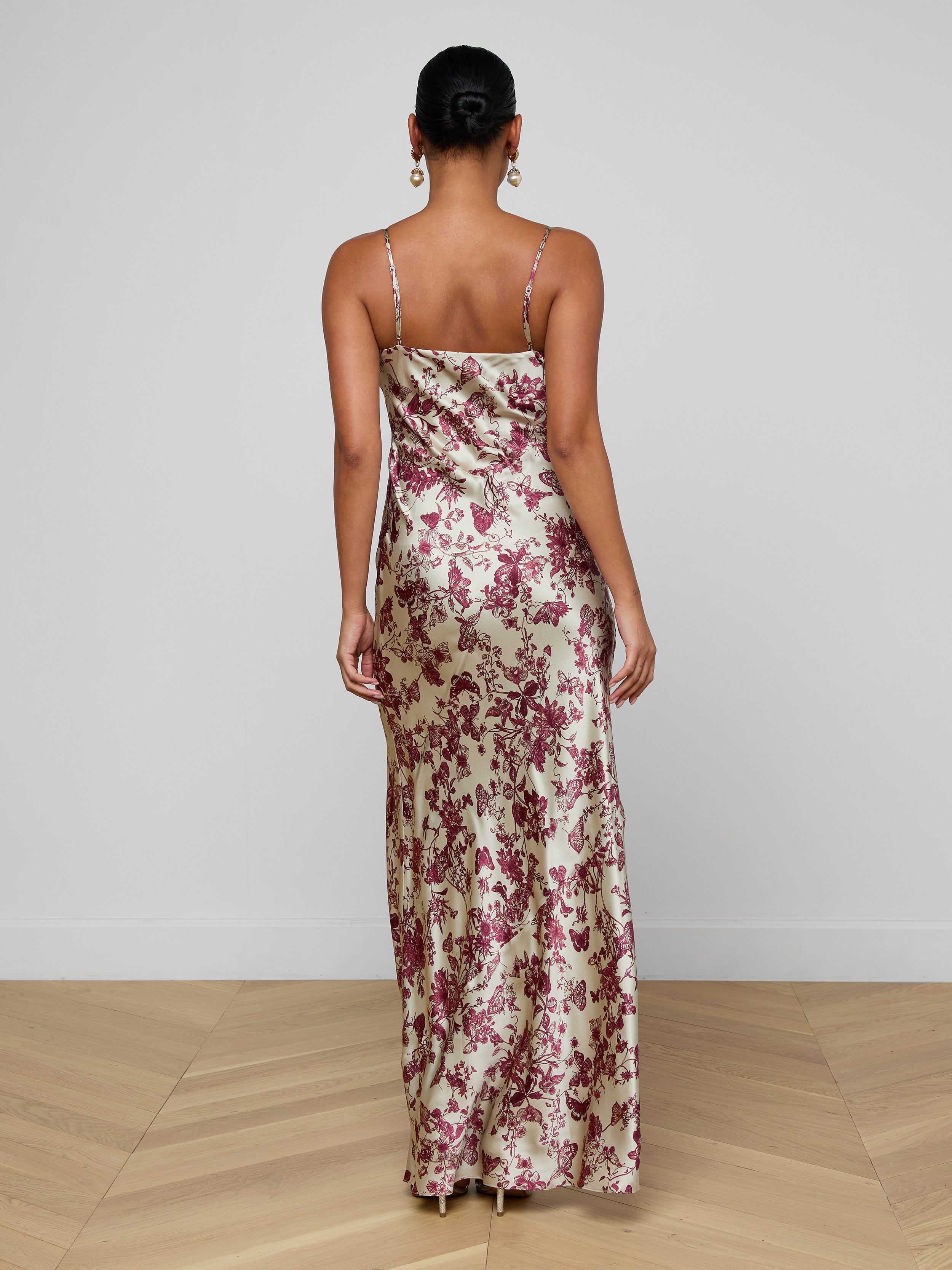 Serita Silk Gown In Tan/truffle Butterfly Toile