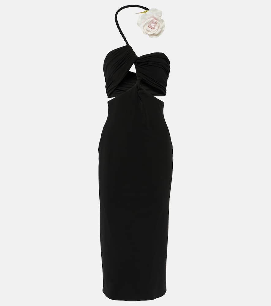 Floral-appliqué cutout midi dress