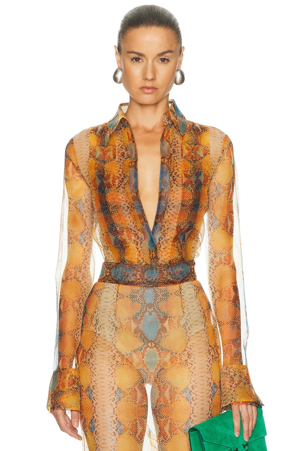 LaQuan Smith Pleat Front Long Sleeve Blouse in Snake - Orange. L also in