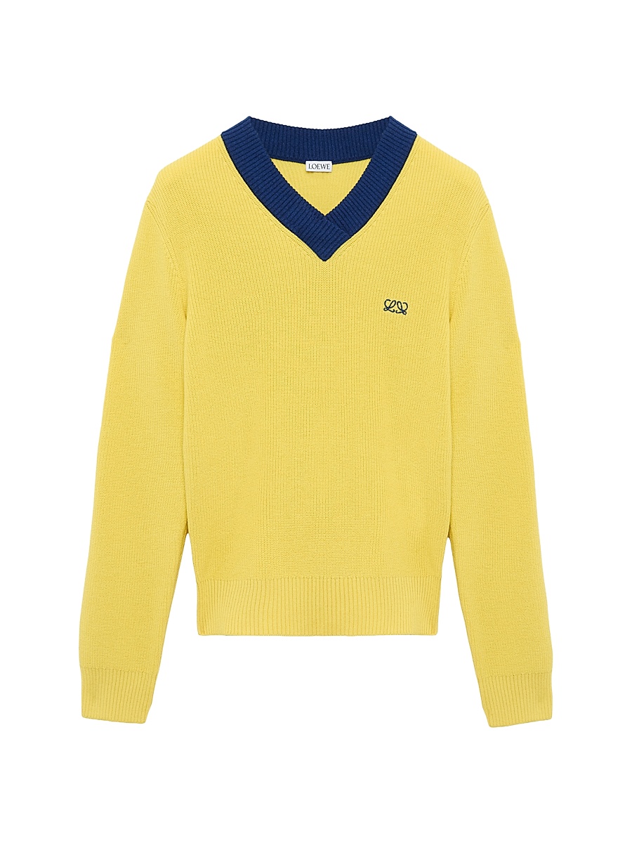 Women's Logo Cotton & Wool-Blend V-Neck Sweater - Yellow Blue