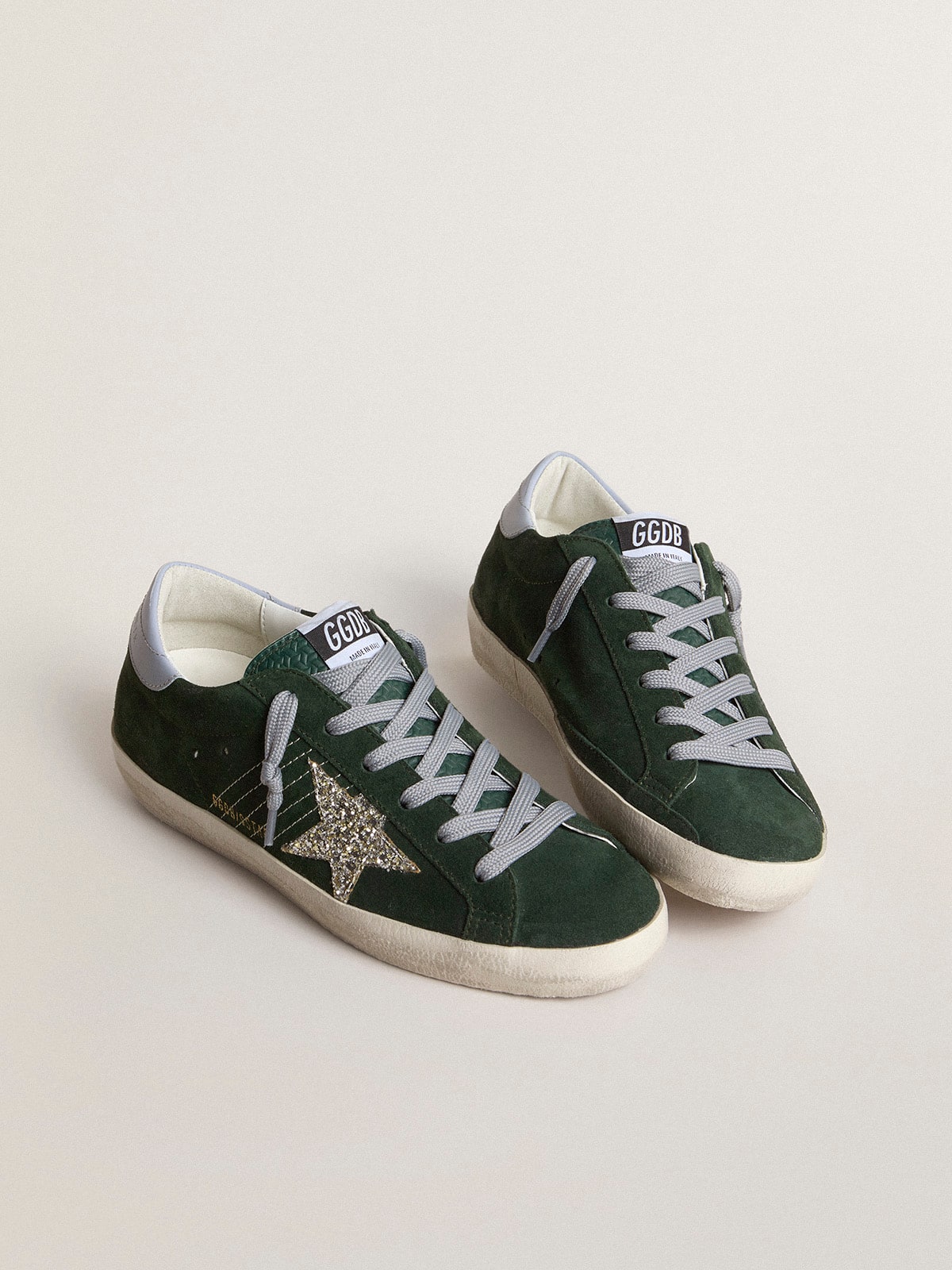 Golden Goose - Women's Super-star In Green Suede, Silver Glitter Star And Leather Heel Tab, Woman