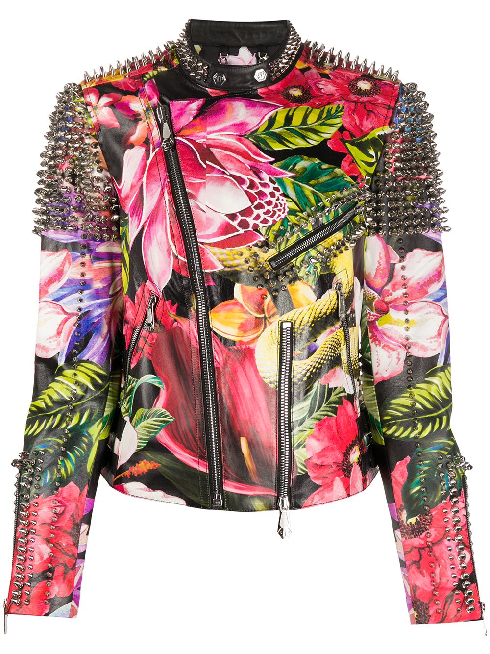 Spike-stud floral biker jacket - Black
