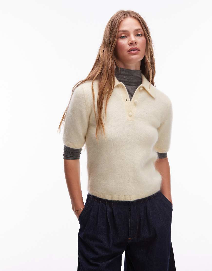 & mohair and wool knitted slim fit top with polo collar in yellow beige