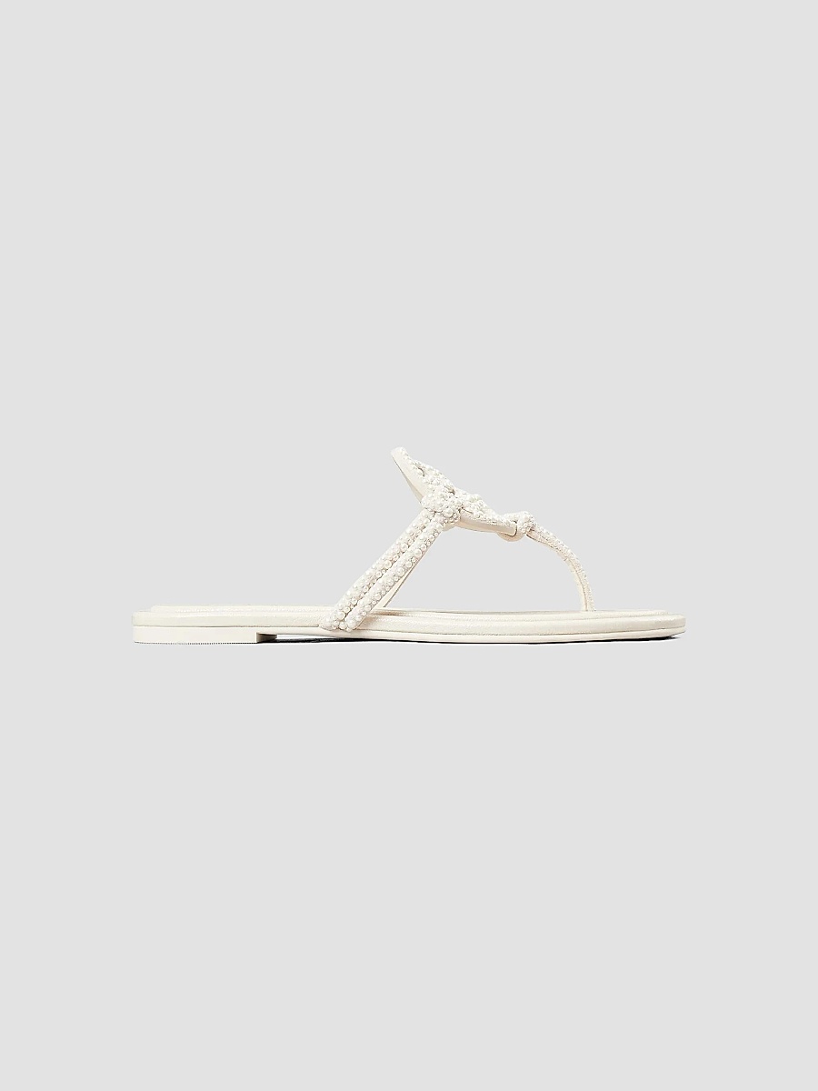 Women's Miller Imitation Pearl-Embellished Knotted Suede Sandals - Light Cream
