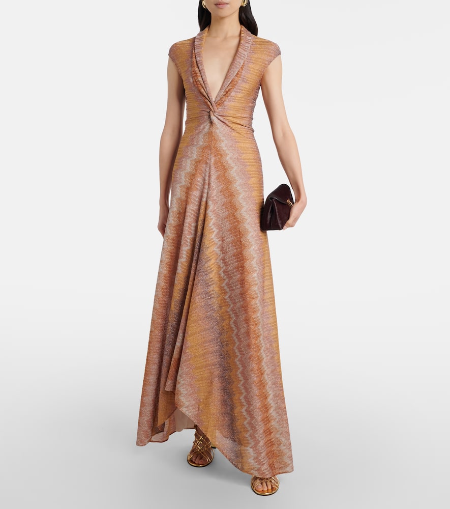 Gathered asymmetric lamé maxi dress