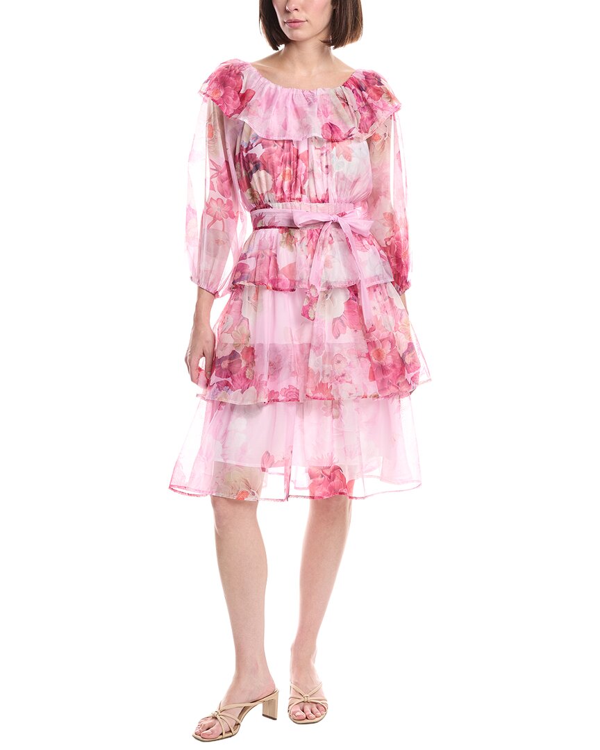 Tiered Floral Print Belted Chiffon Midi Dress