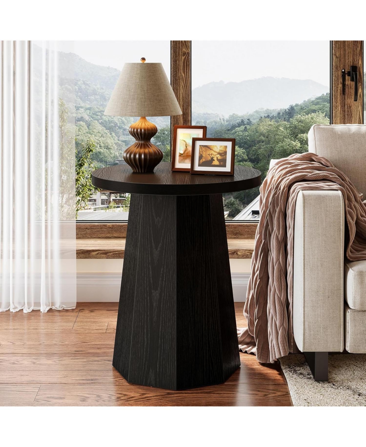 Farmhouse Round End Table, Black Nightstand Pedestal Accent Furniture for Living Room, Bedroom (1) - Black