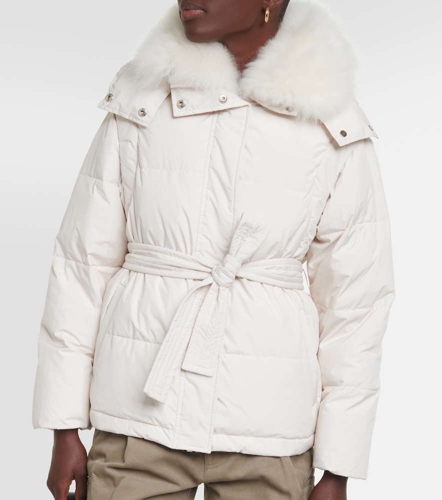 Belted shearling-trimmed down jacket