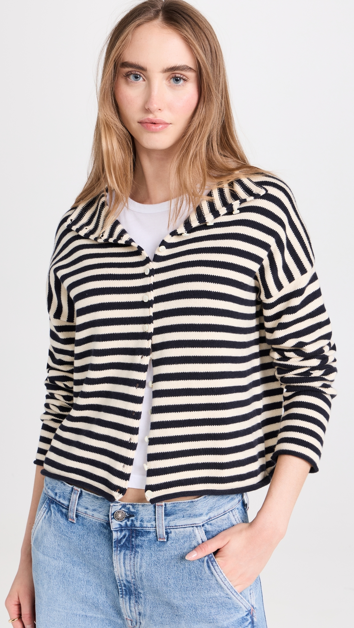 Taylor Cardigan in Stripe Cotton Cashmere Blend Navy/Ivory