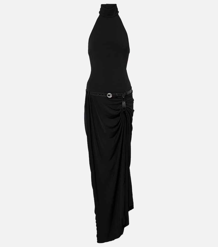 Belted asymmetric draped halterneck maxi dress