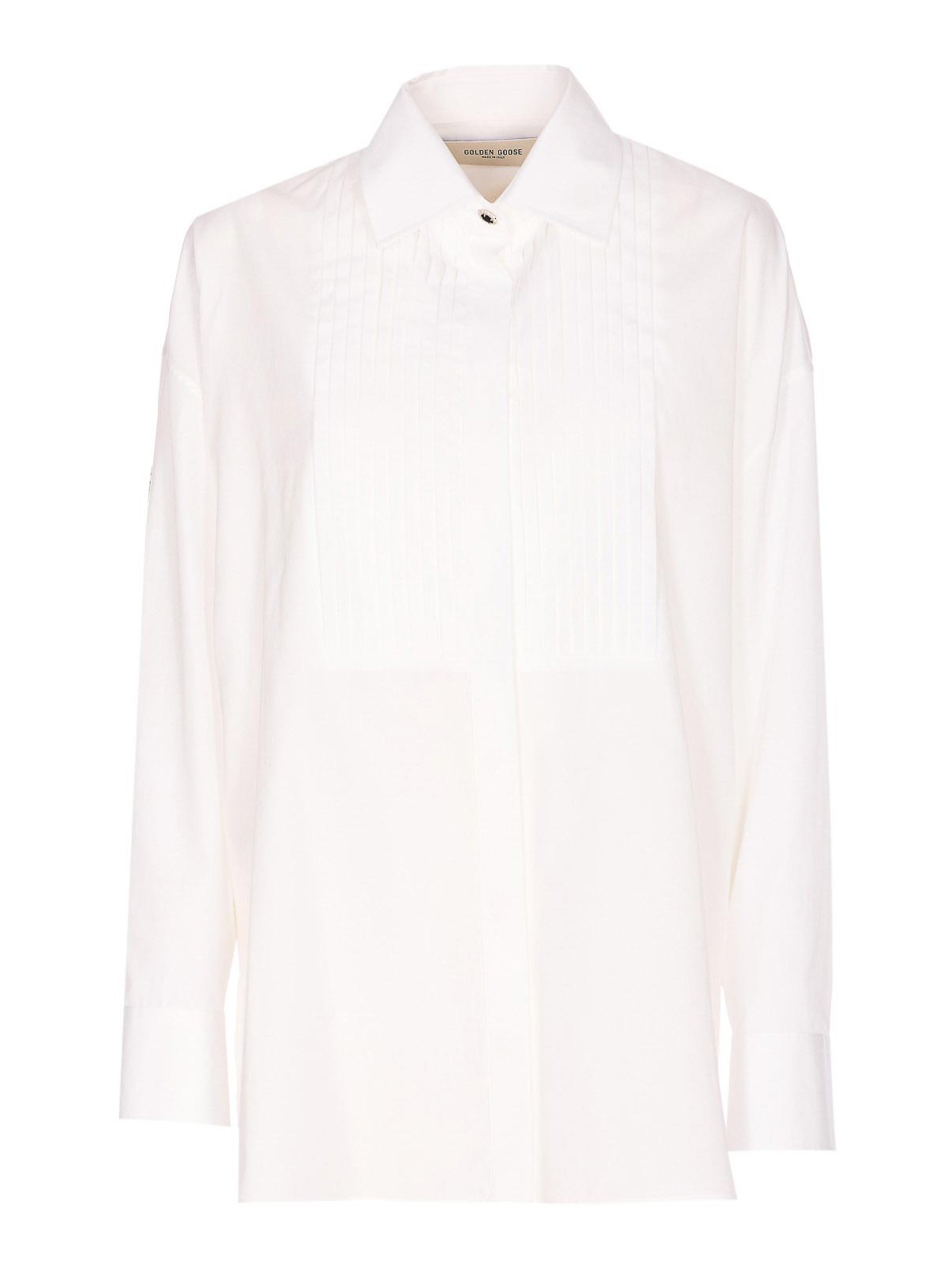 Oversized White Cotton Shirt With Pleated Bib And Jewel Buttons