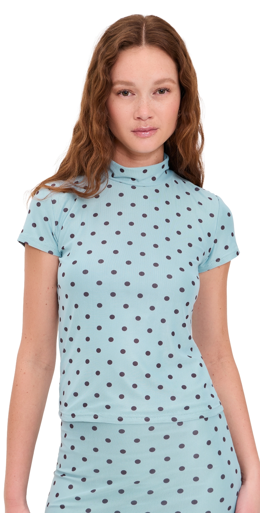 Polka Dot Mesh High Neck Top Blue/Brown