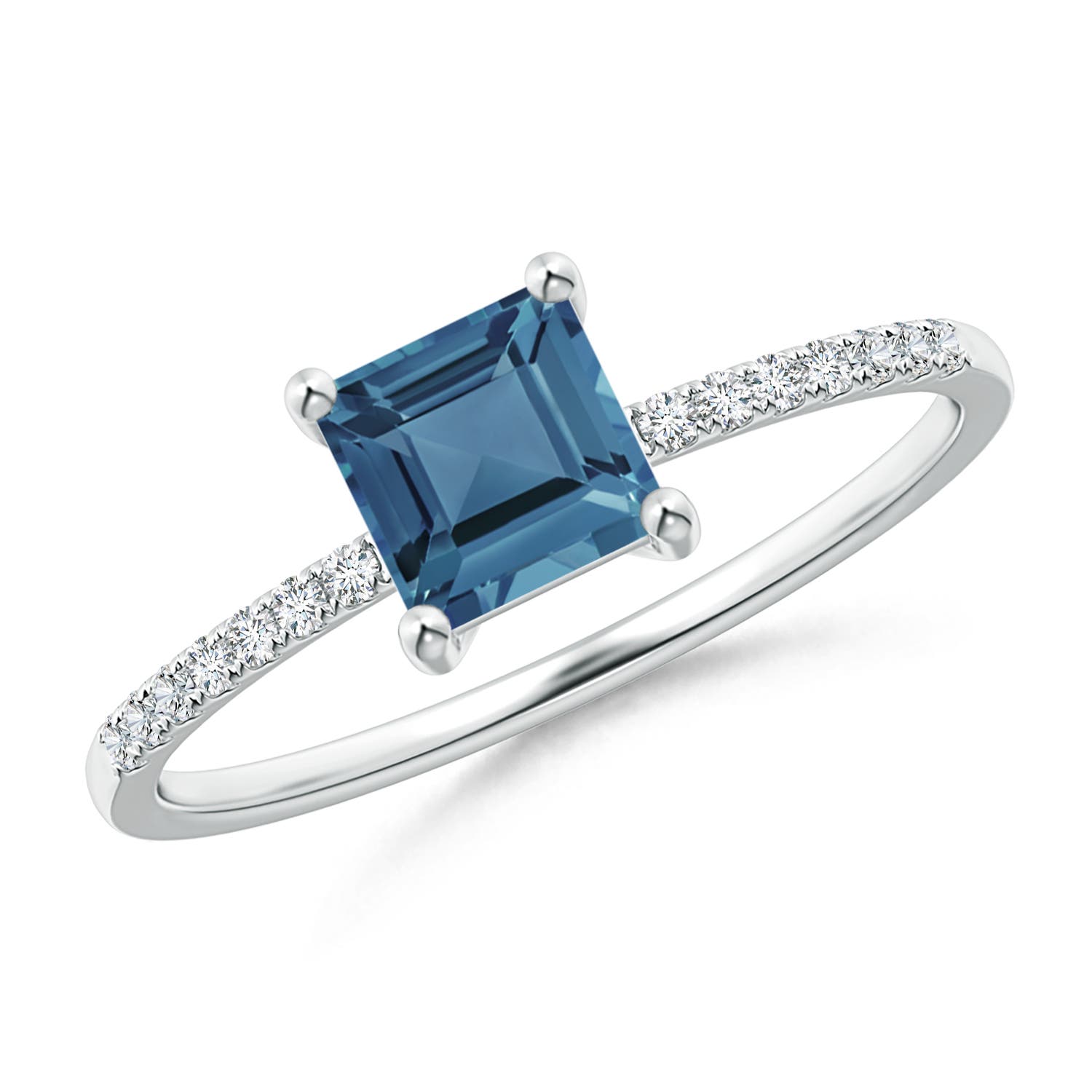 Angara 0.75 Carat Square London Blue Topaz Ring with Diamond Studded Shank in Platinum