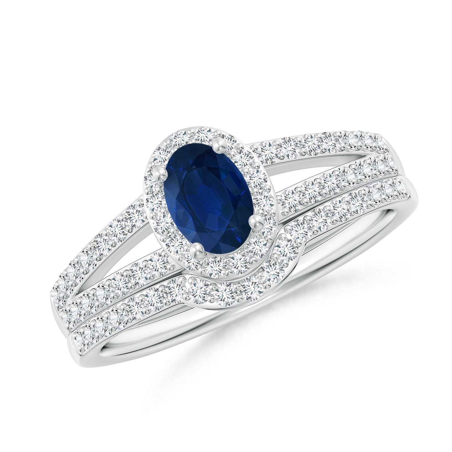 Angara 0.6 Carat Sapphire and Diamond Split Shank Bridal Set in Platinum