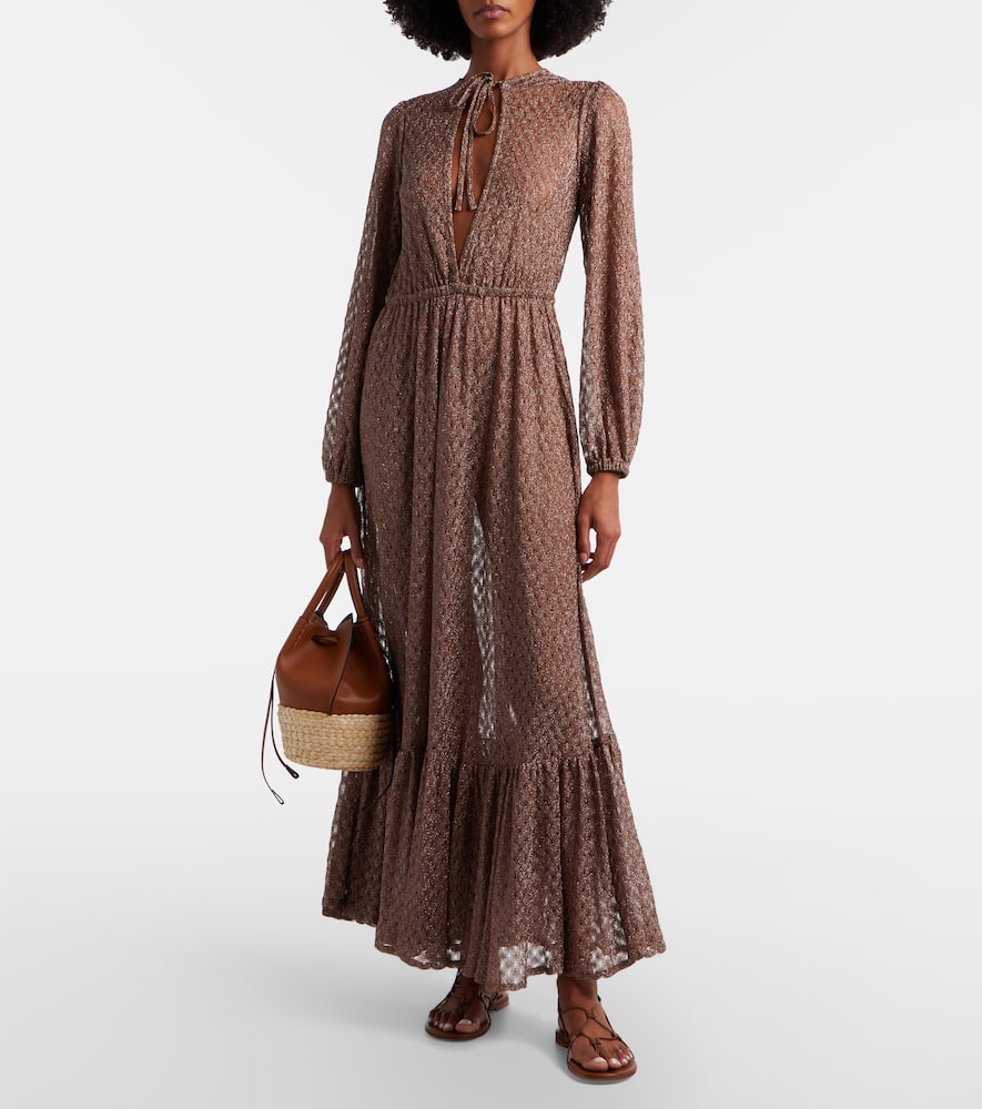 Open-knit lamé maxi dress