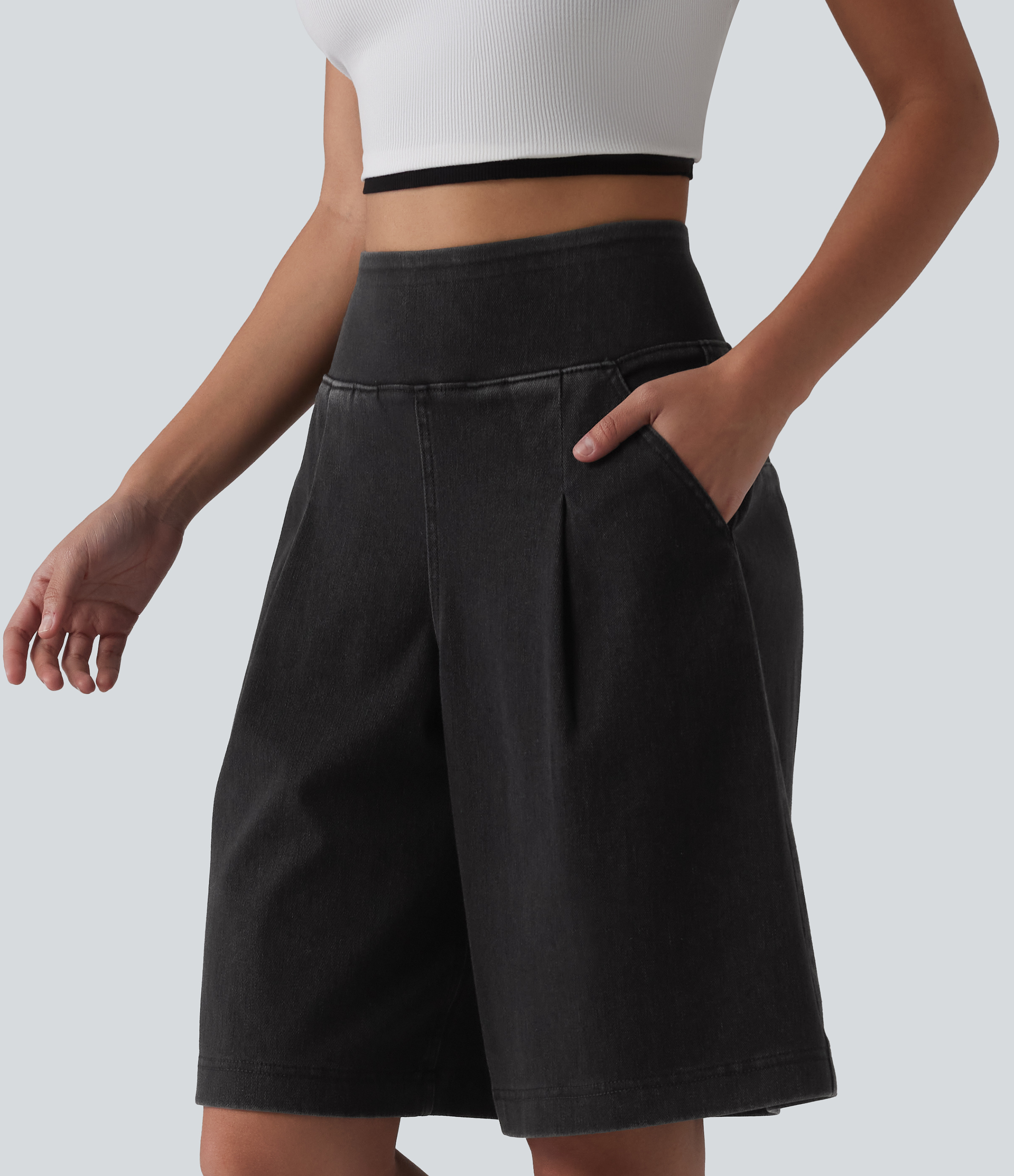 Halara Halara Flex™ High Waisted Denim Casual Baggy Shorts 10'' with Pockets - Phantom Denim - XSregular