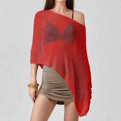 Women's Y2K Sheer Poncho Top, Lightweight Cover-Ups Crochet Shrug Bolero Mesh Knit,See-Through Off Shoulder Solid Color Asymmetrical Knitted Loose Pu