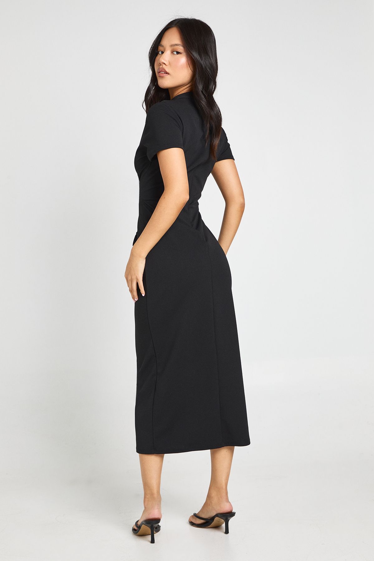 Boohoo Womens Petite Crepe High Neck Pocket Detail Midi Dress - Black