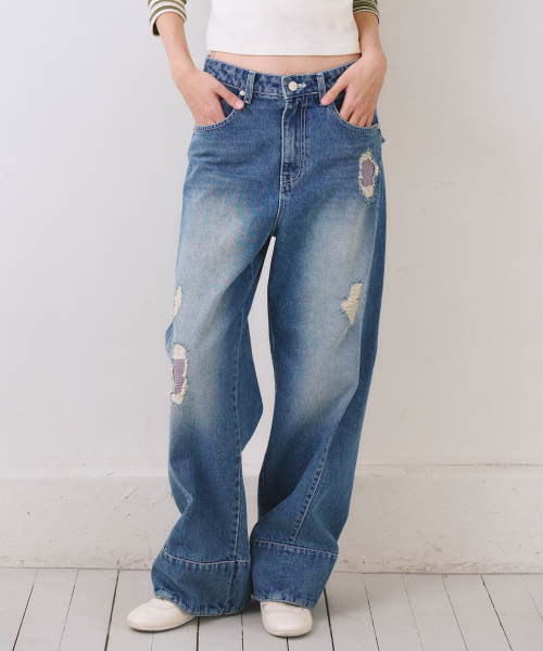 Check Patch Seam Denim Pants