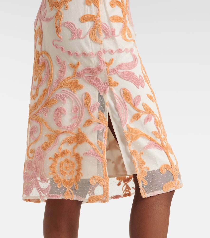 Embroidered velvet and tulle midi skirt