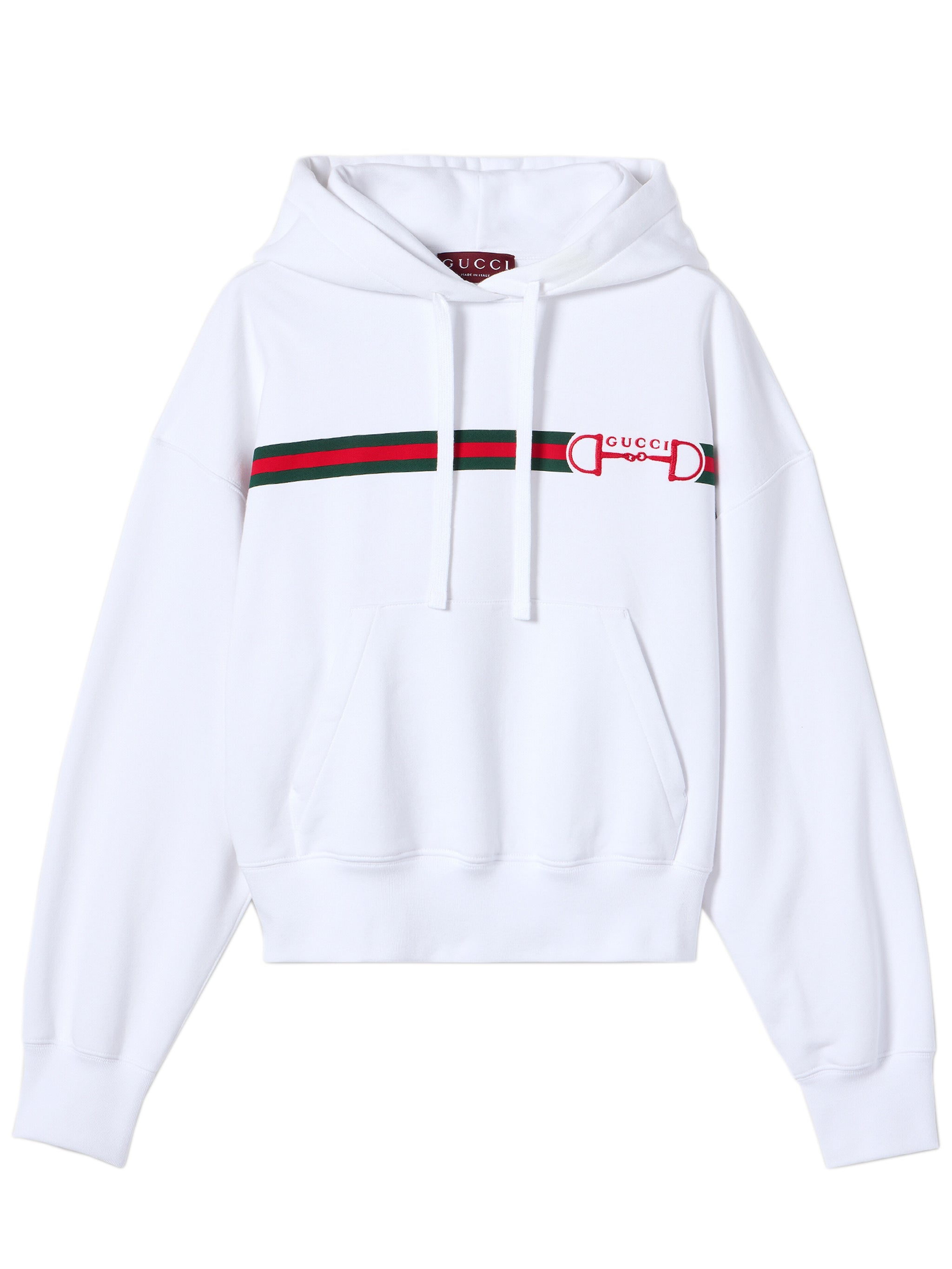 Women's Brushed Cotton T-Shirt with Web Graphic Print, Horsebit Embroidery, Fixed Hood & Front Pocket