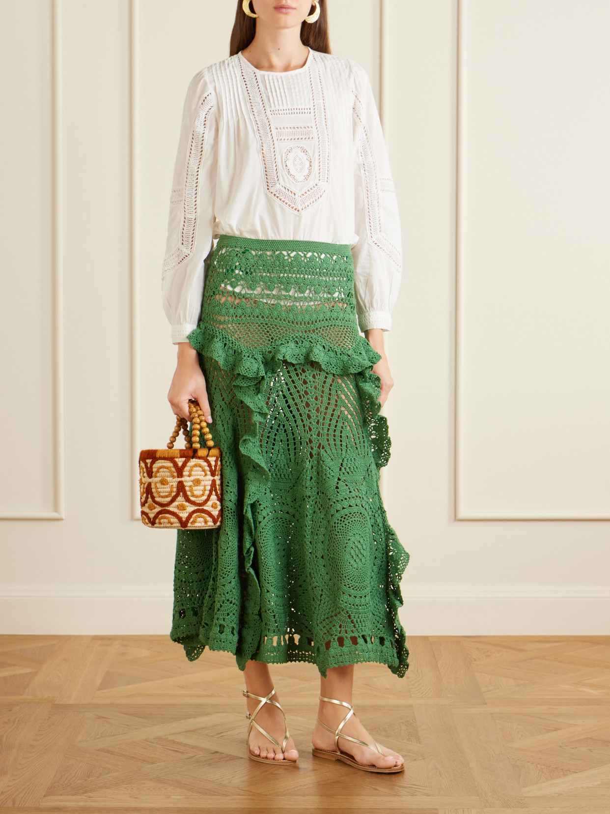 Floretta Ruffled Crocheted Cotton Midi Skirt - Green