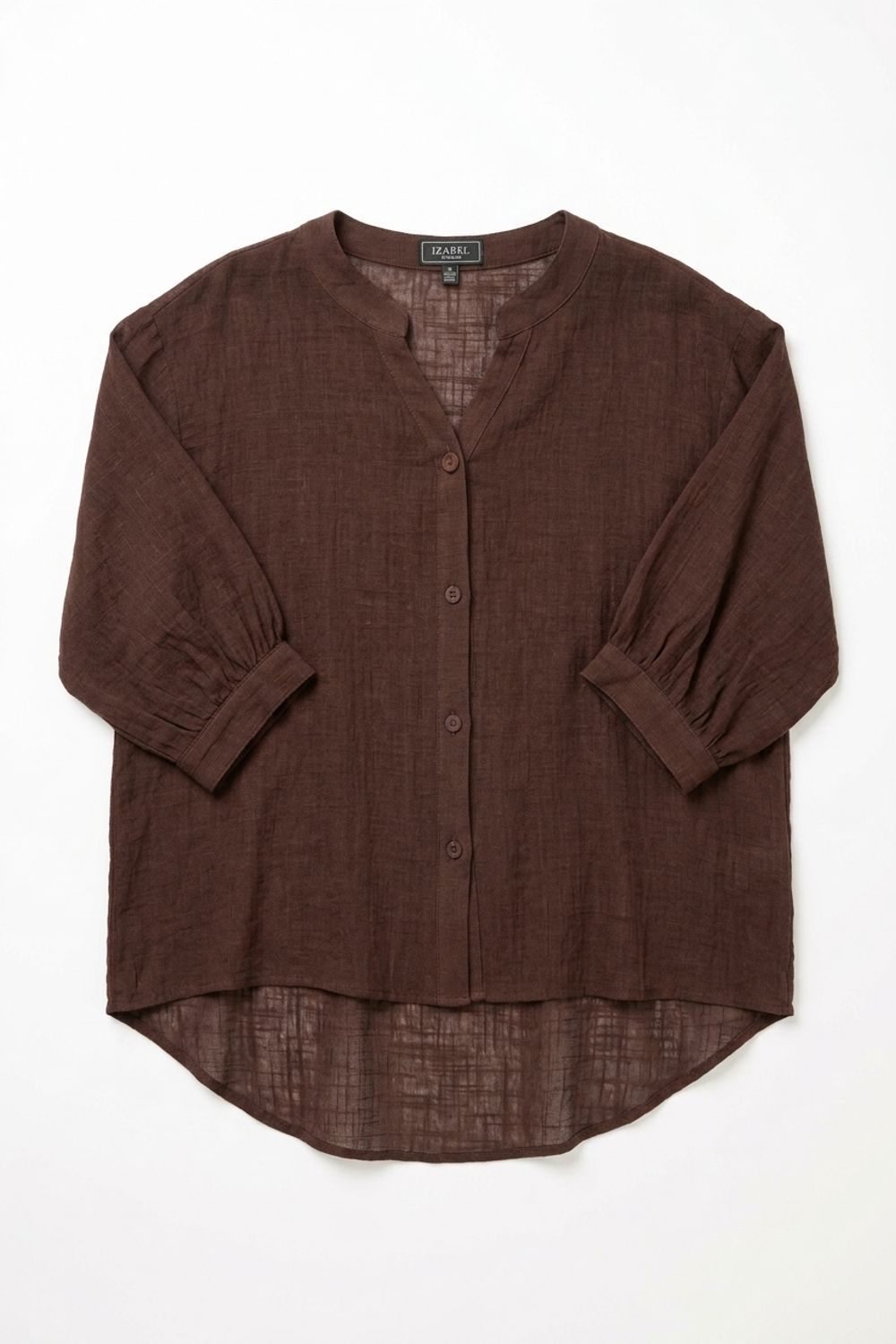 Izabel London Women's Relaxed Collarless 3/4 Sleeve Shirt in Brown