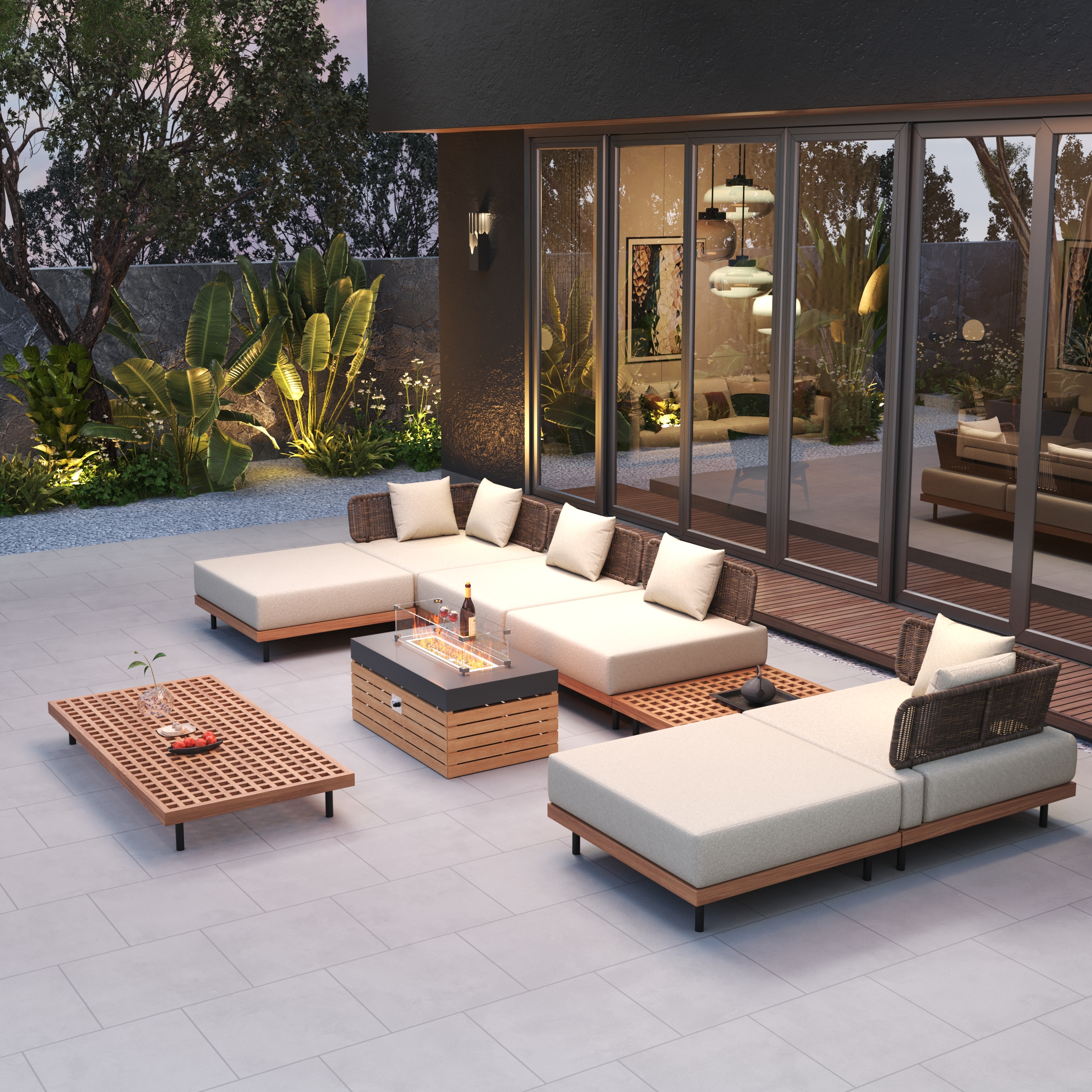 Propane Gas Fire Pit Table with Glass Wind Guard & Gray Outdoor Sectional Sofa Set