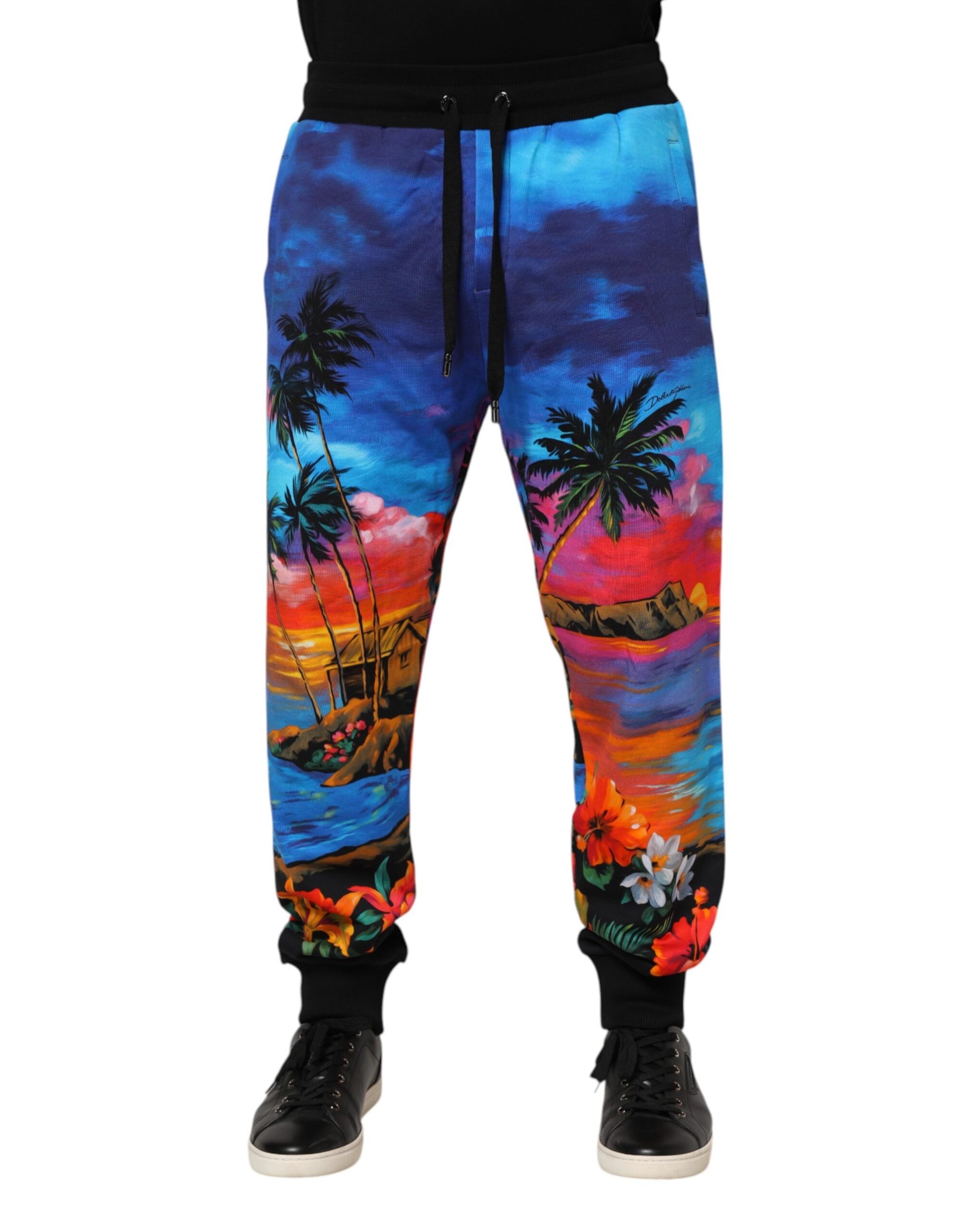 Hawaiian Print Cotton Joggers — Blue