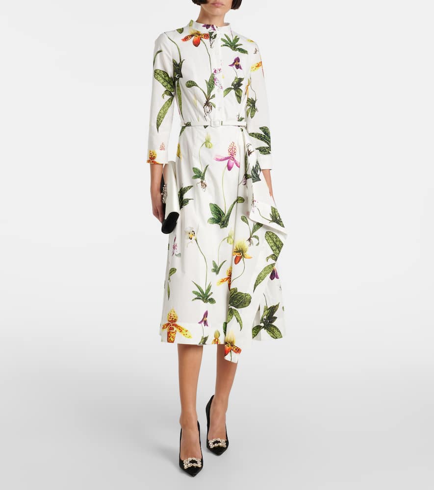 Floral pleated cotton-blend poplin midi dress