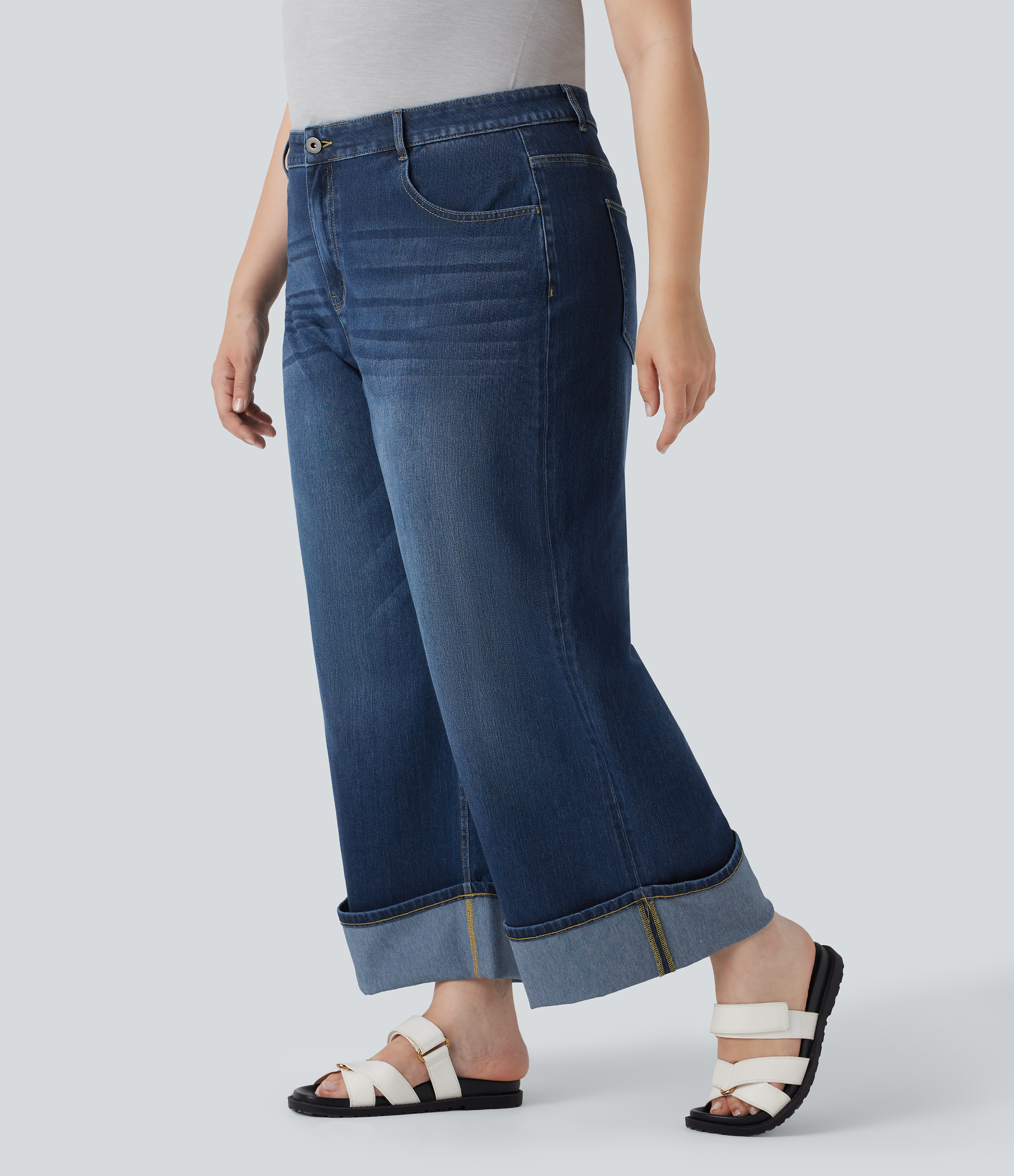 Plus Size Flex™ High Waisted Wide Leg Rolled Hem Washed Stretchy Knit Casual Jeans with Pockets  - Paint Blue Denim