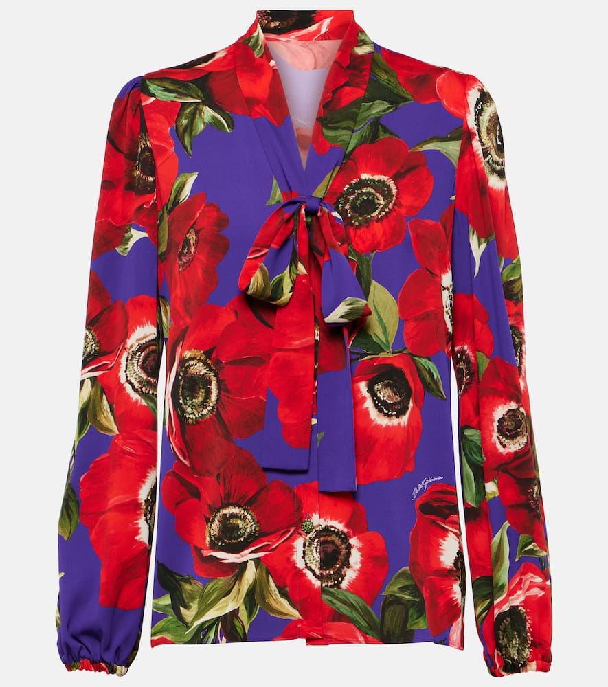 Tie-neck floral silk-blend blouse