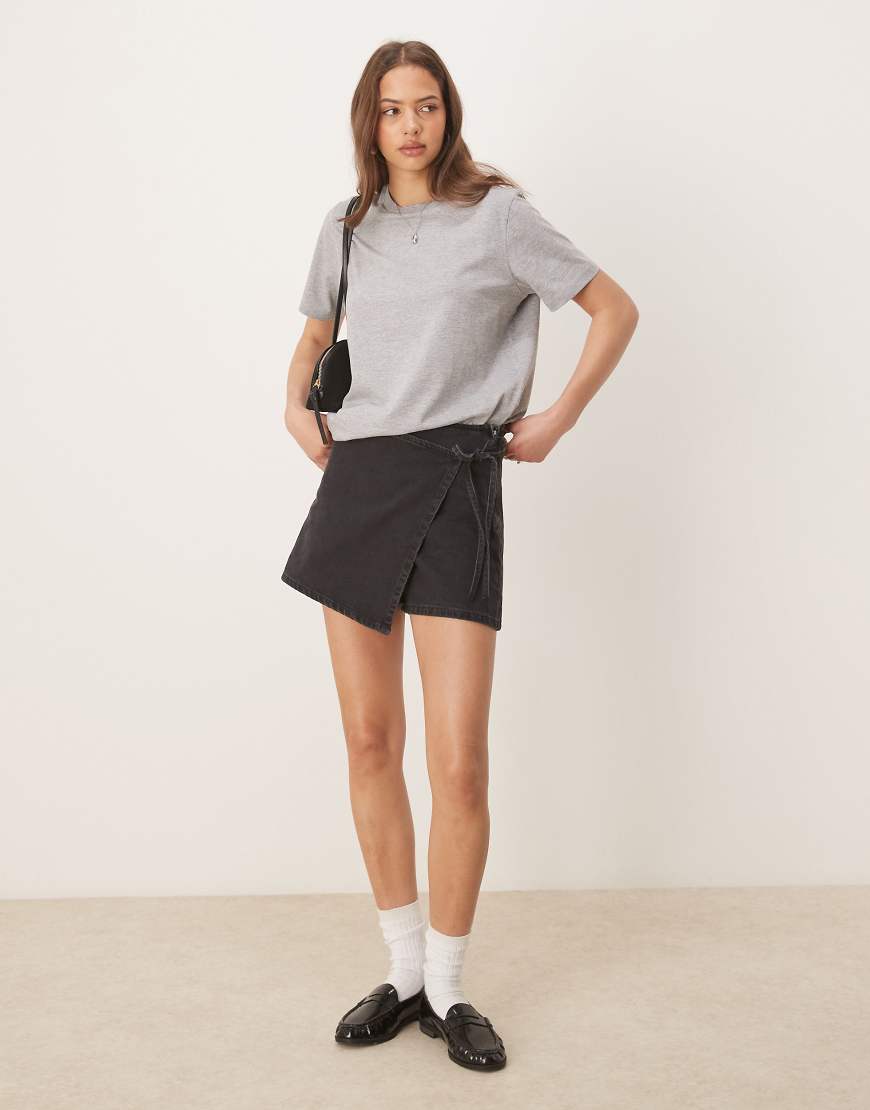 ASOS DESIGN denim wrap skort in black